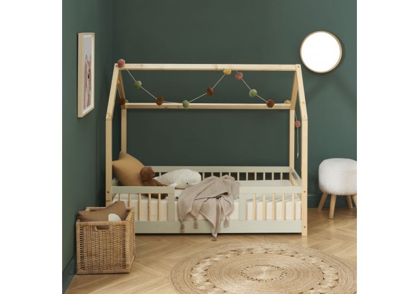 Lit cabane avec barrières TINY pin et perle 70x140 sommier inclus
