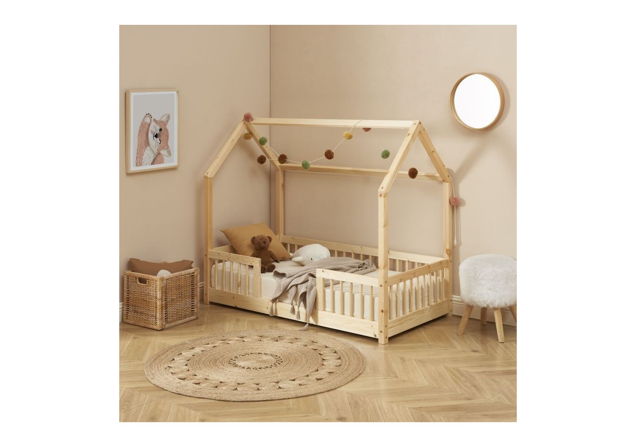 Lit cabane avec barrières TINY pin massif 70x140 sommier inclus