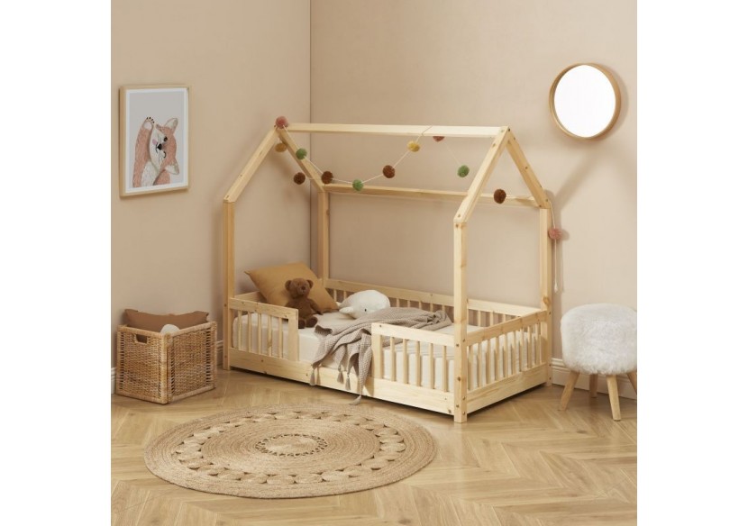 Lit cabane avec barrières TINY pin massif 70x140 sommier inclus