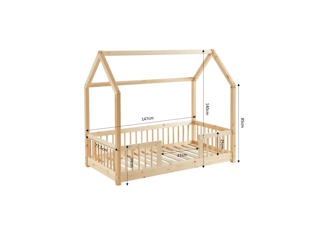 Lit cabane avec barrières TINY pin massif 70x140 sommier inclus