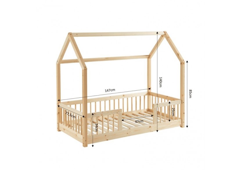 Lit cabane avec barrières TINY pin massif 70x140 sommier inclus