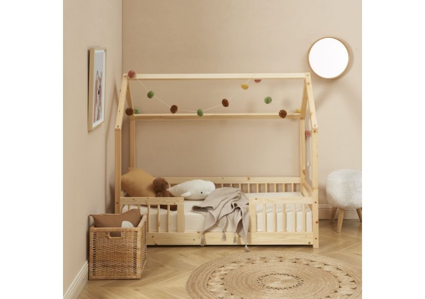 Lit cabane avec barrières TINY pin massif 70x140 sommier inclus