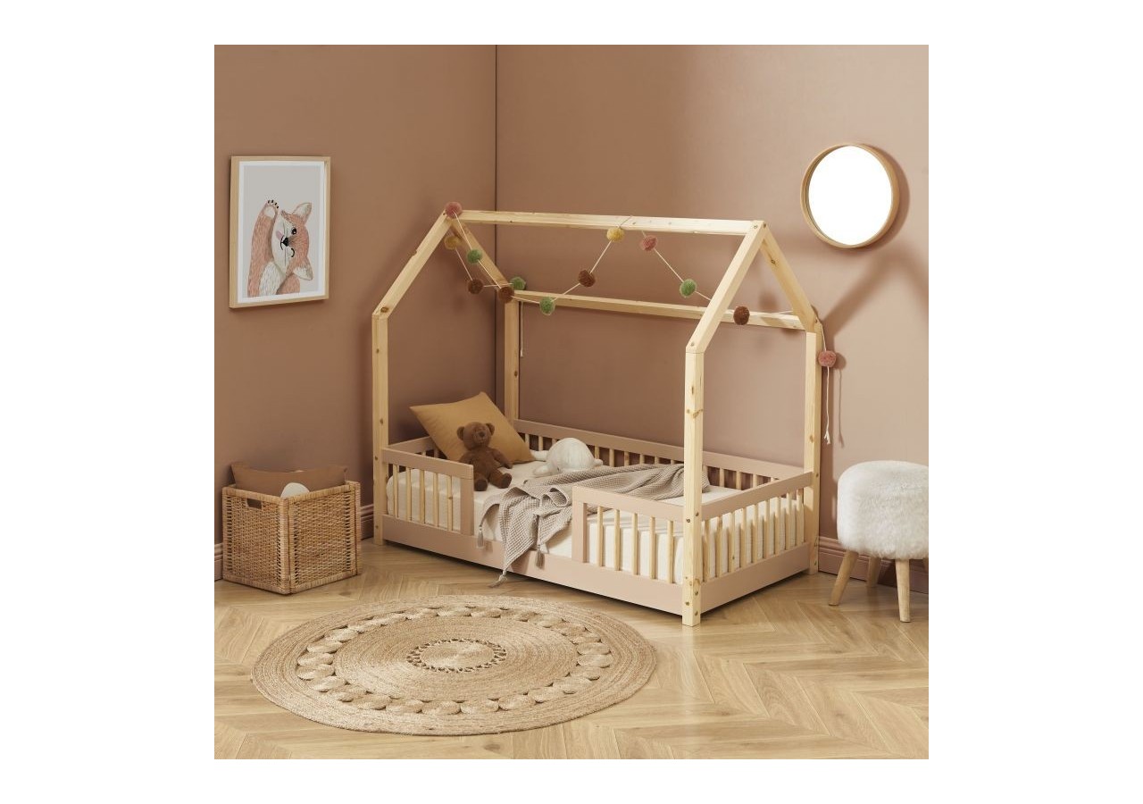 Lit cabane avec barrières TINY pin et rose 70x140 sommier inclus