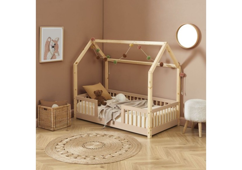 Lit cabane avec barrières TINY pin et rose 70x140 sommier inclus