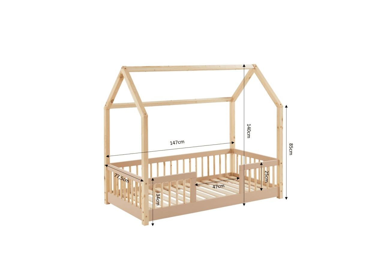 Lit cabane avec barrières TINY pin et rose 70x140 sommier inclus