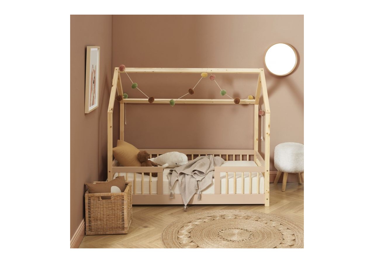 Lit cabane avec barrières TINY pin et rose 70x140 sommier inclus