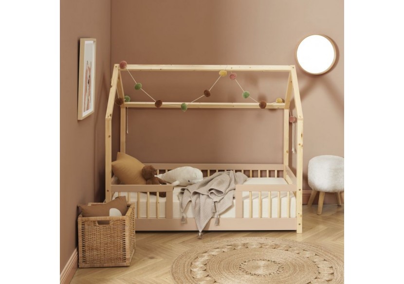 Lit cabane avec barrières TINY pin et rose 70x140 sommier inclus