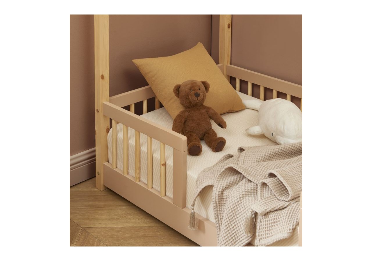 Lit cabane avec barrières TINY pin et rose 70x140 sommier inclus
