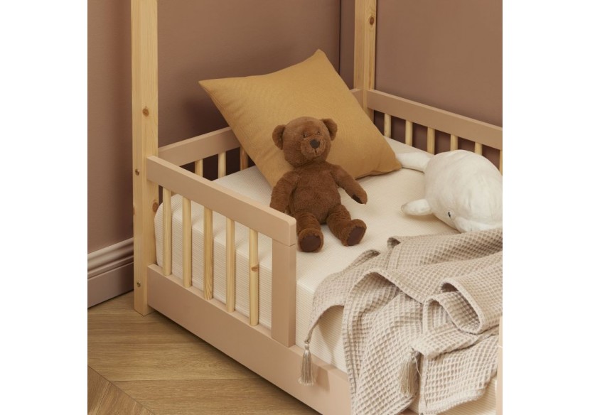 Lit cabane avec barrières TINY pin et rose 70x140 sommier inclus