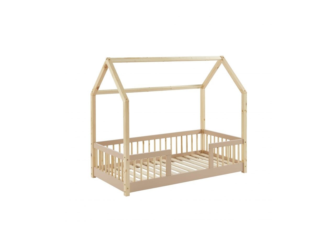 Lit cabane avec barrières TINY pin et rose 70x140 sommier inclus