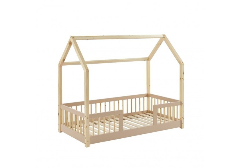 Lit cabane avec barrières TINY pin et rose 70x140 sommier inclus