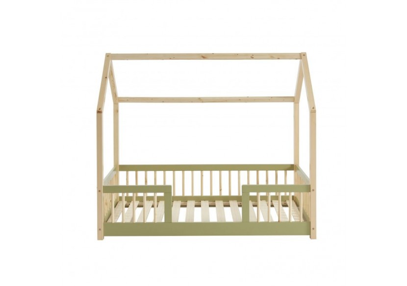 Lit cabane avec barrières TINY pin et vert 70x140 sommier inclus