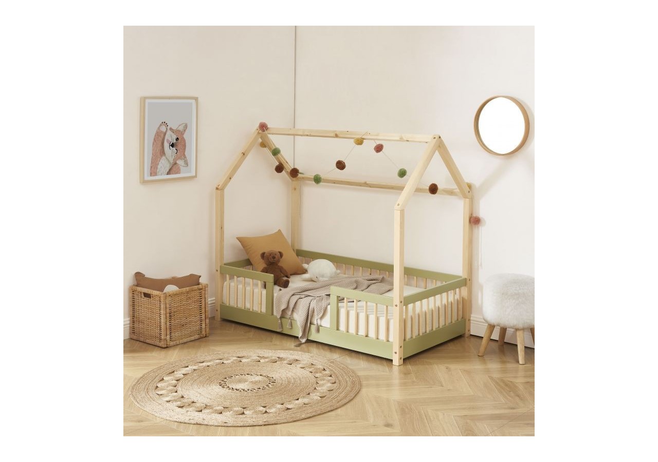 Lit cabane avec barrières TINY pin et vert 70x140 sommier inclus