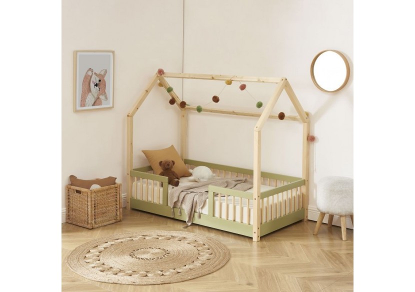 Lit cabane avec barrières TINY pin et vert 70x140 sommier inclus