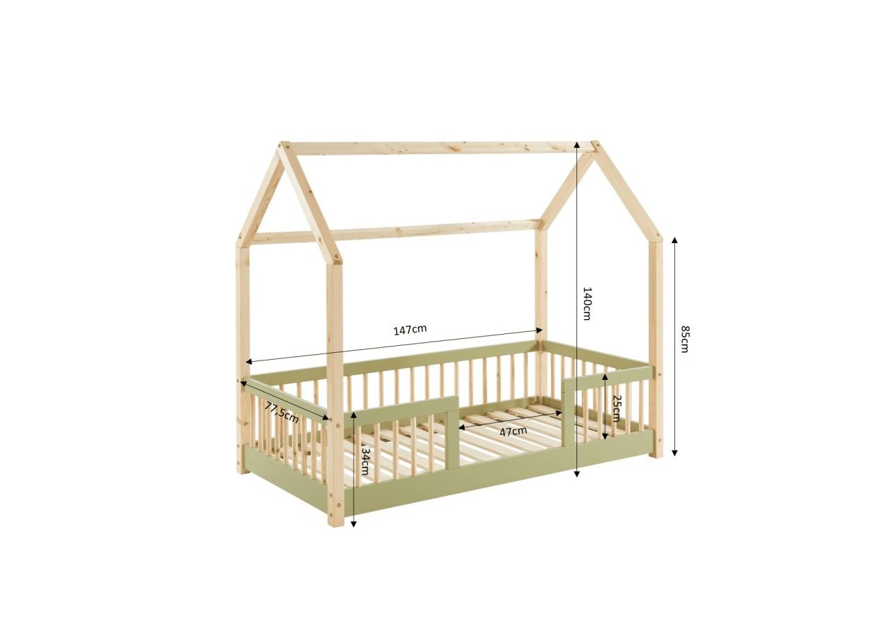 Lit cabane avec barrières TINY pin et vert 70x140 sommier inclus