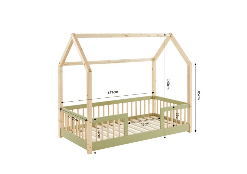 Lit cabane avec barrières TINY pin et vert 70x140 sommier inclus