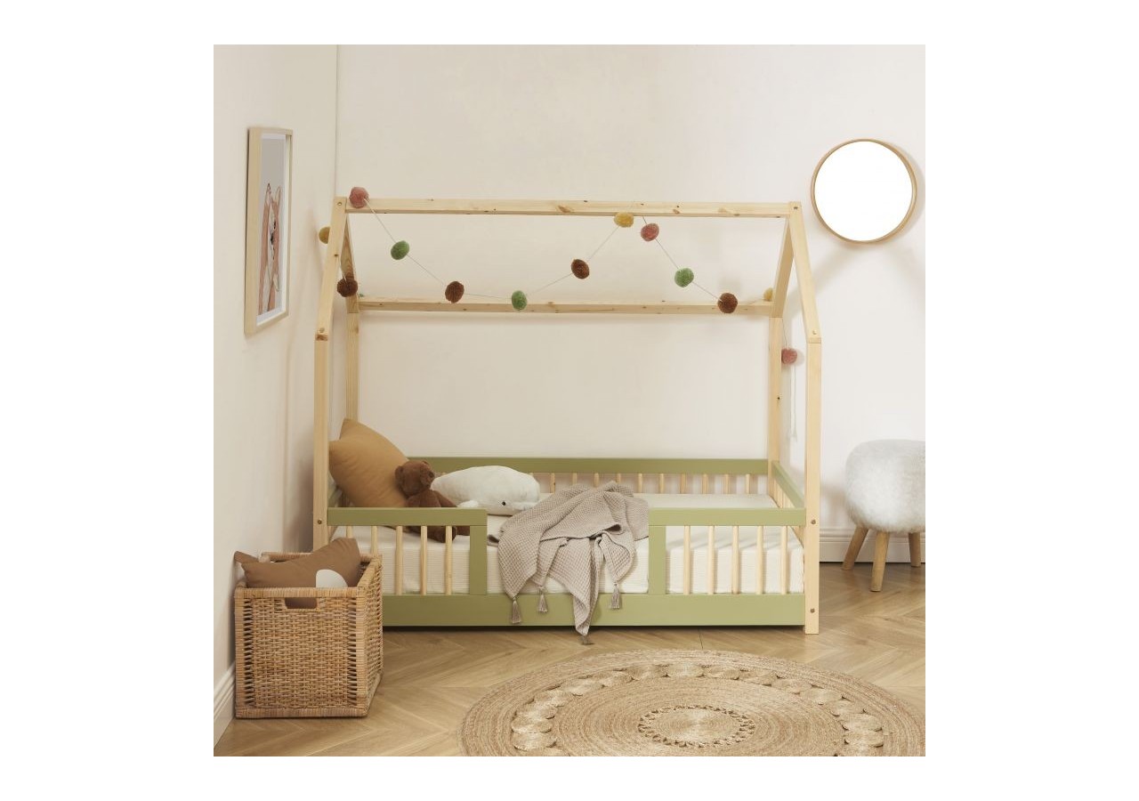 Lit cabane avec barrières TINY pin et vert 70x140 sommier inclus