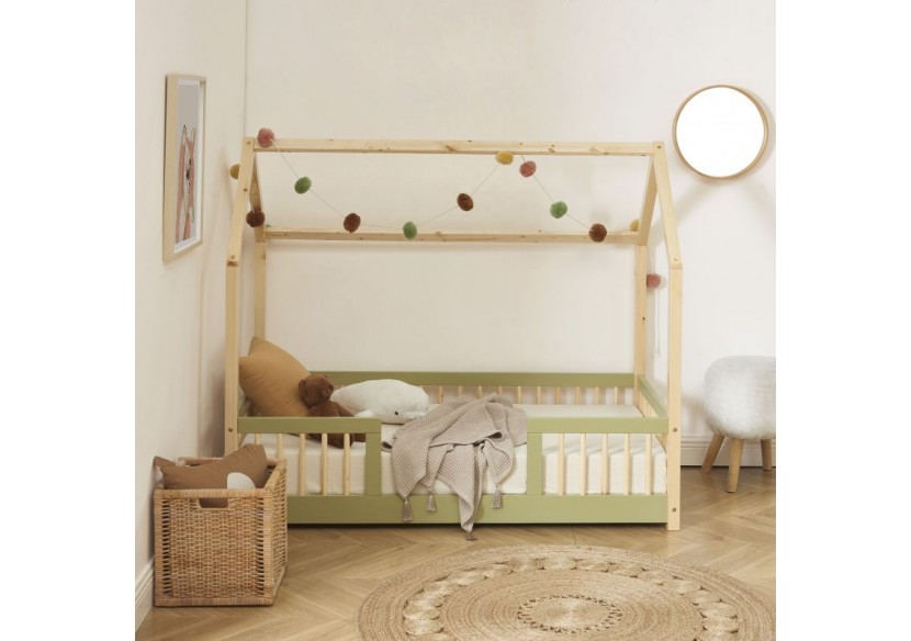 Lit cabane avec barrières TINY pin et vert 70x140 sommier inclus