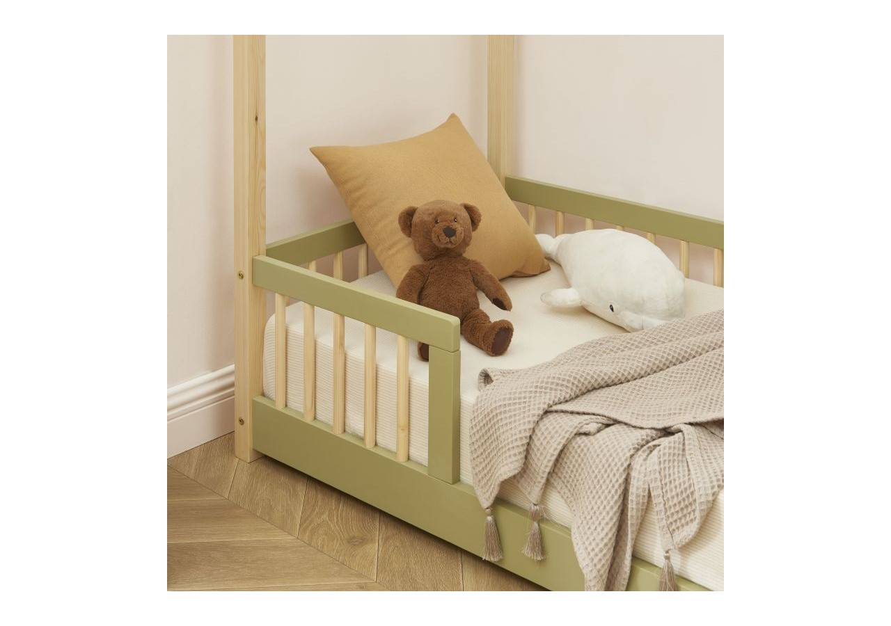 Lit cabane avec barrières TINY pin et vert 70x140 sommier inclus