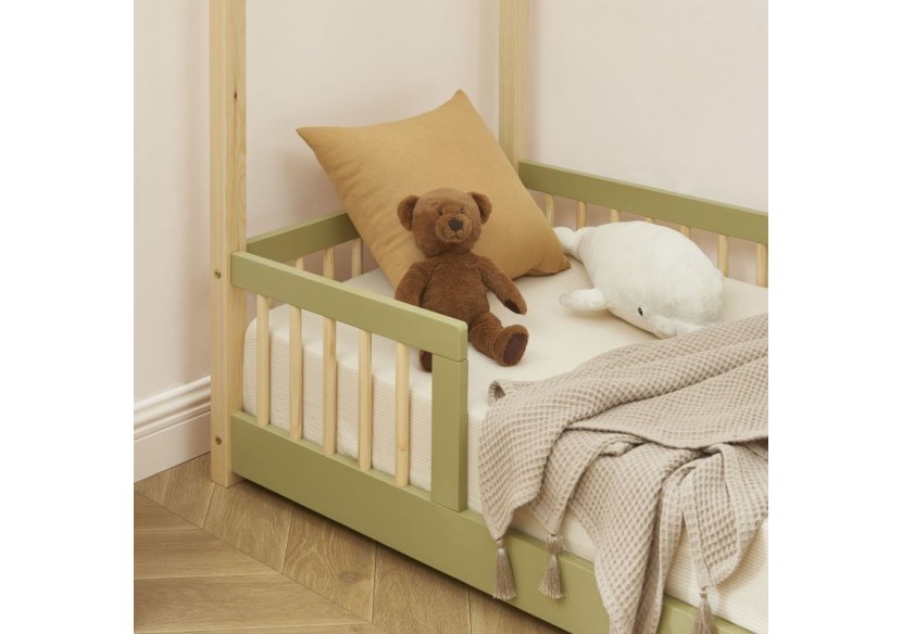 Lit cabane avec barrières TINY pin et vert 70x140 sommier inclus