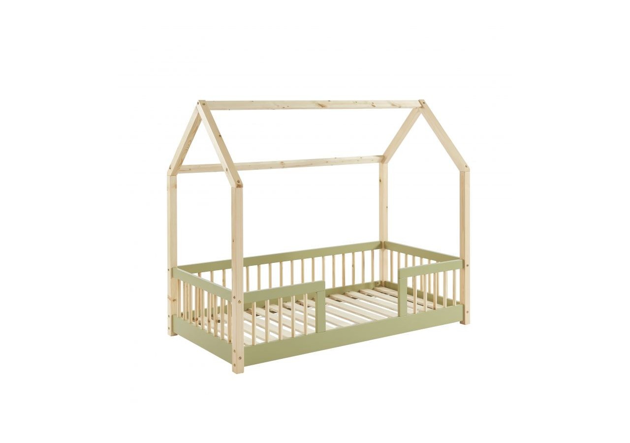 Lit cabane avec barrières TINY pin et vert 70x140 sommier inclus