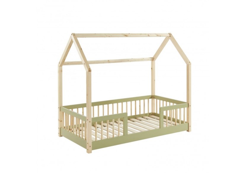 Lit cabane avec barrières TINY pin et vert 70x140 sommier inclus