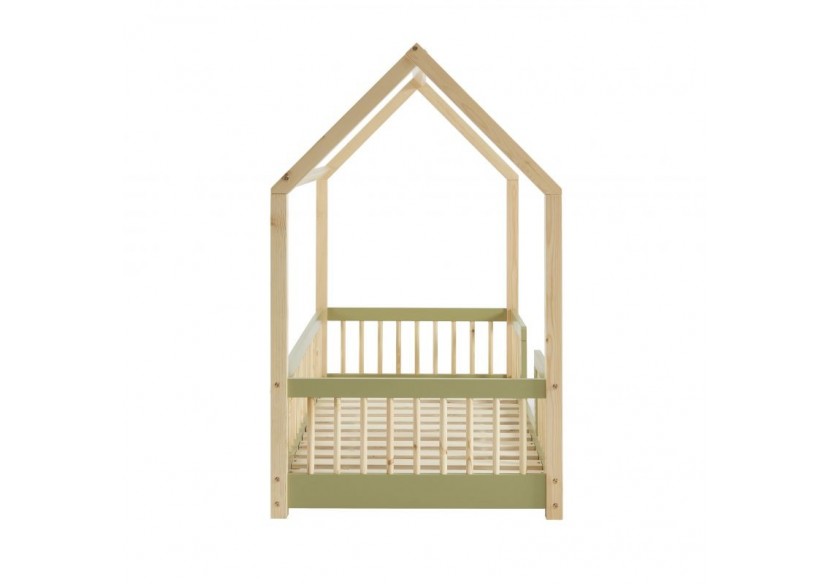 Lit cabane avec barrières TINY pin et vert 70x140 sommier inclus
