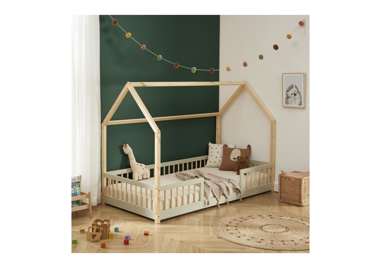 Lit cabane avec barrières TINY pin et perle 90x190 sommier inclus