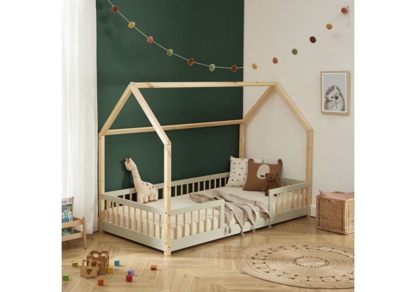 Lit cabane avec barrières TINY pin et perle 90x190 sommier inclus