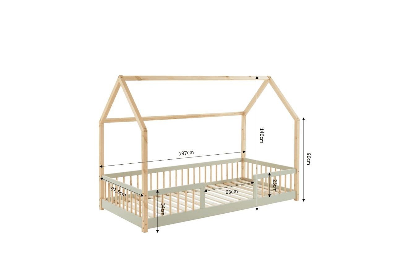 Lit cabane avec barrières TINY pin et perle 90x190 sommier inclus