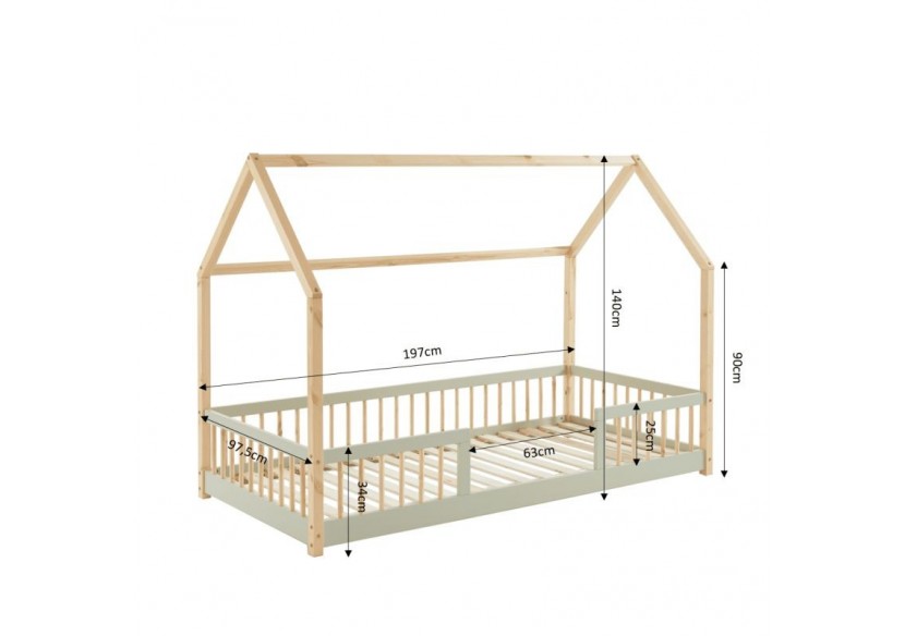 Lit cabane avec barrières TINY pin et perle 90x190 sommier inclus