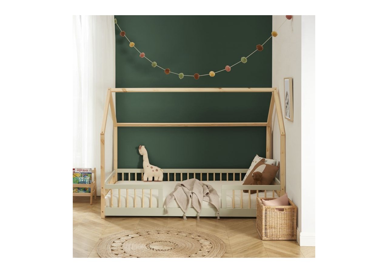 Lit cabane avec barrières TINY pin et perle 90x190 sommier inclus