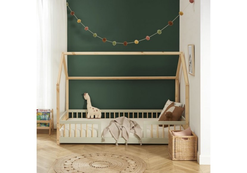 Lit cabane avec barrières TINY pin et perle 90x190 sommier inclus