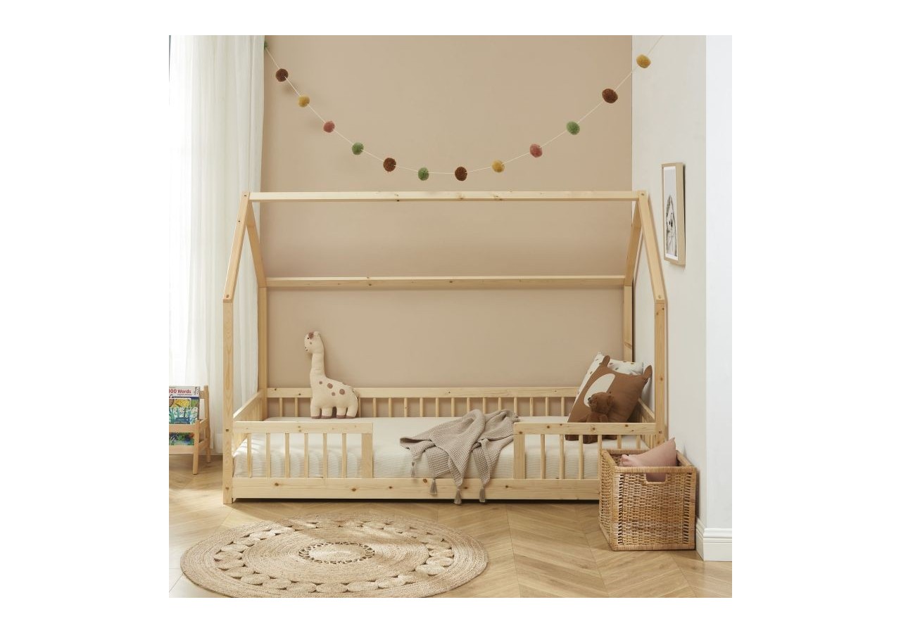 Lit cabane avec barrières TINY pin massif 90x190 sommier inclus