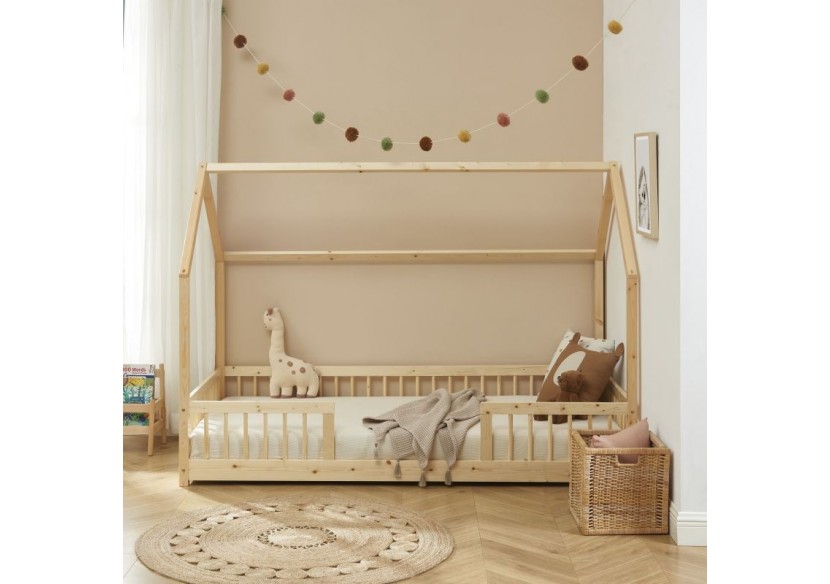 Lit cabane avec barrières TINY pin massif 90x190 sommier inclus