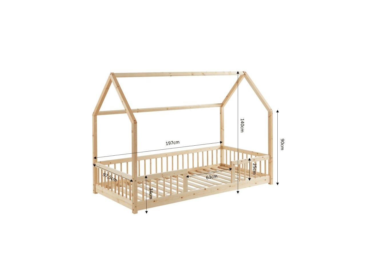 Lit cabane avec barrières TINY pin massif 90x190 sommier inclus