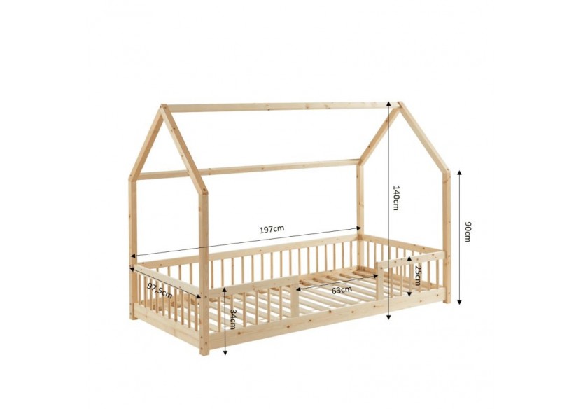 Lit cabane avec barrières TINY pin massif 90x190 sommier inclus