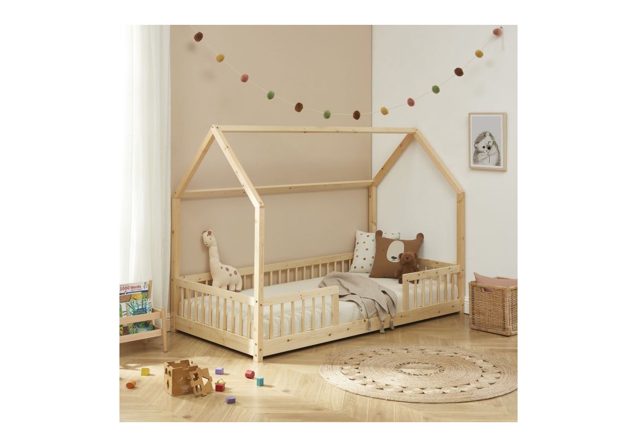 Lit cabane avec barrières TINY pin massif 90x190 sommier inclus