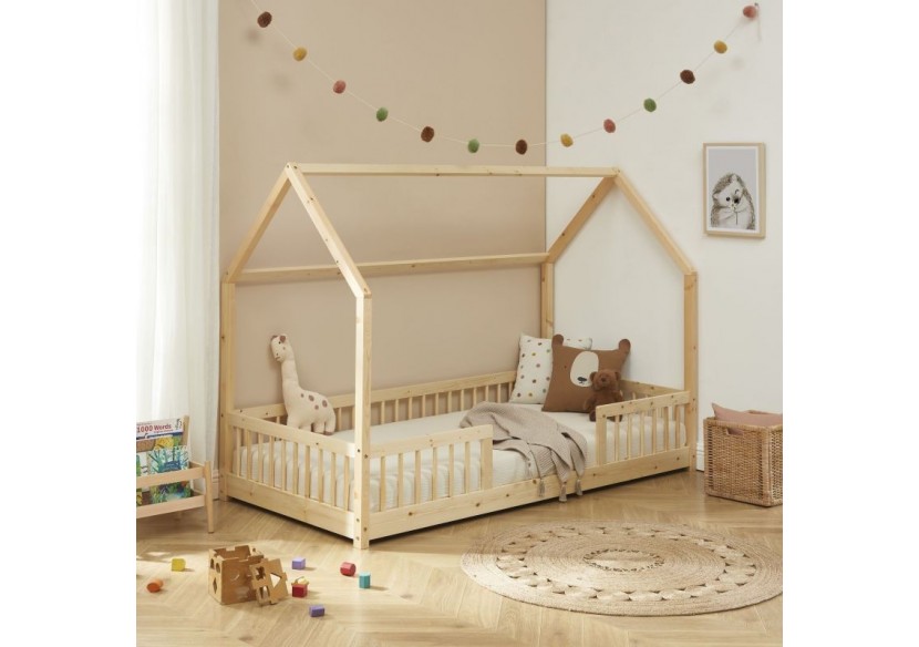 Lit cabane avec barrières TINY pin massif 90x190 sommier inclus