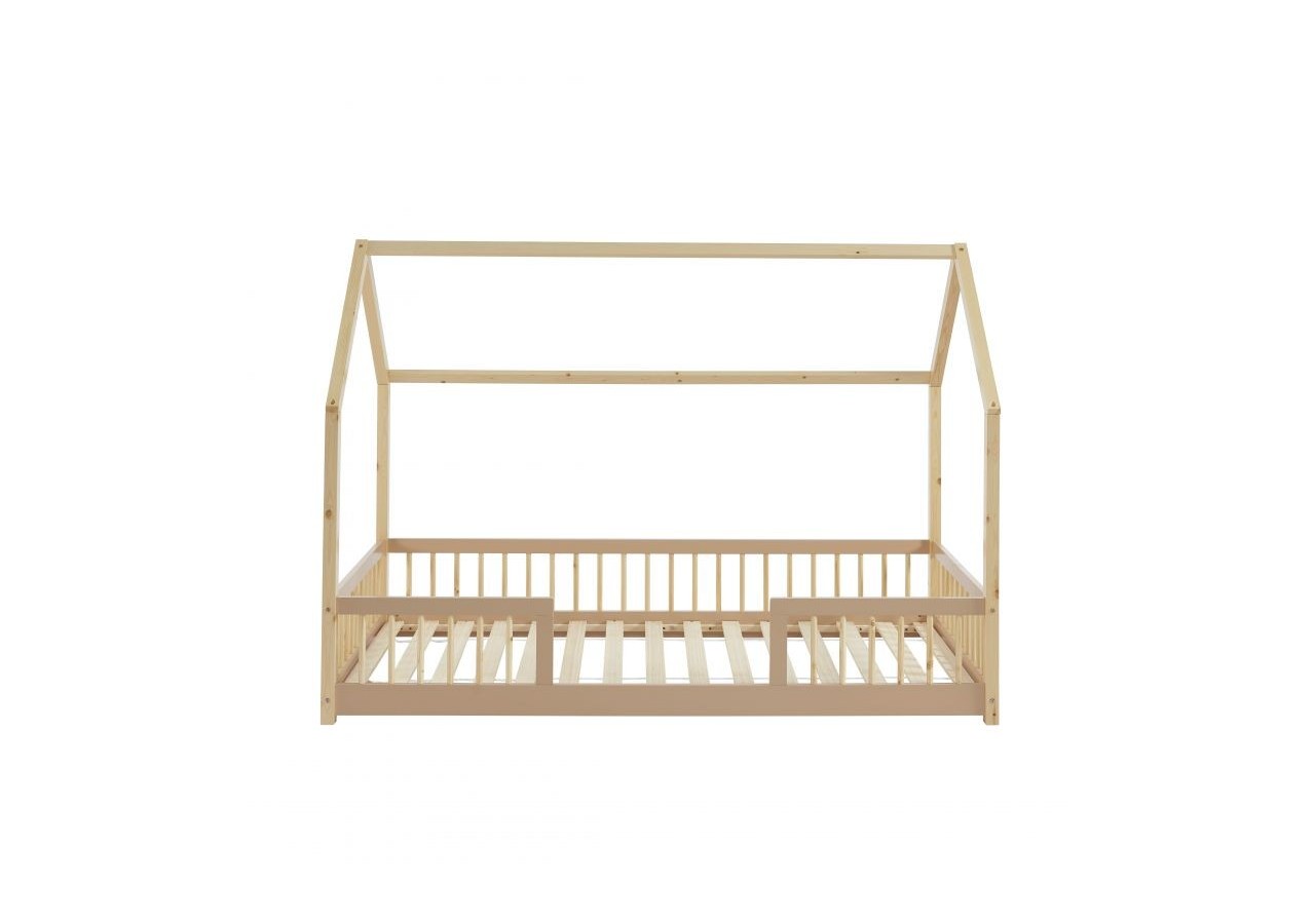 Lit cabane avec barrières TINY pin et rose 90x190cm sommier inclus