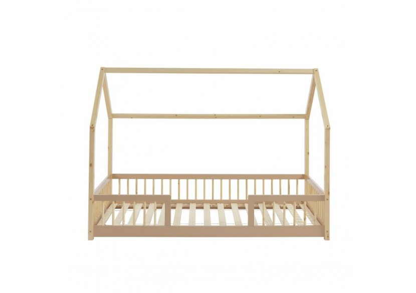 Lit cabane avec barrières TINY pin et rose 90x190cm sommier inclus