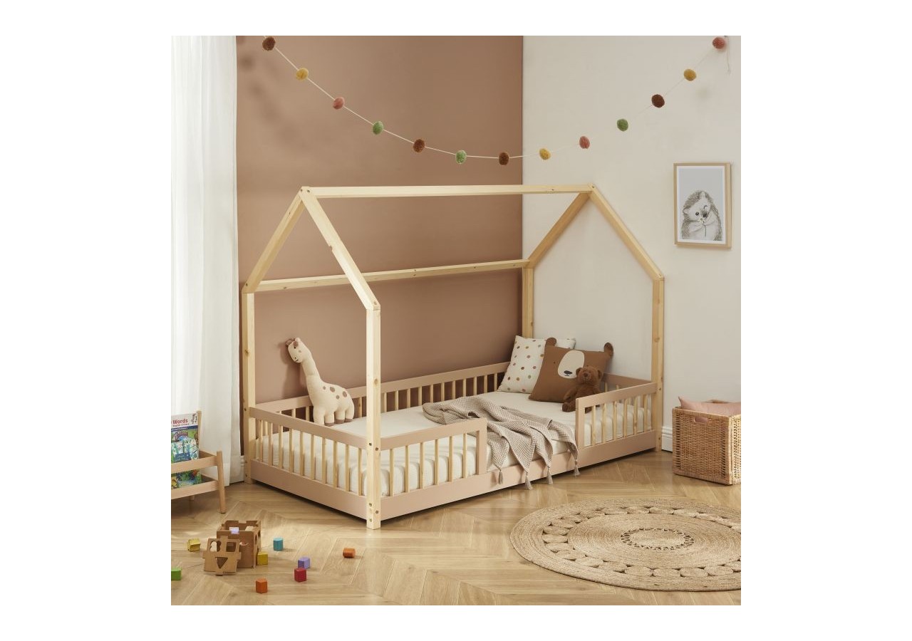Lit cabane avec barrières TINY pin et rose 90x190cm sommier inclus