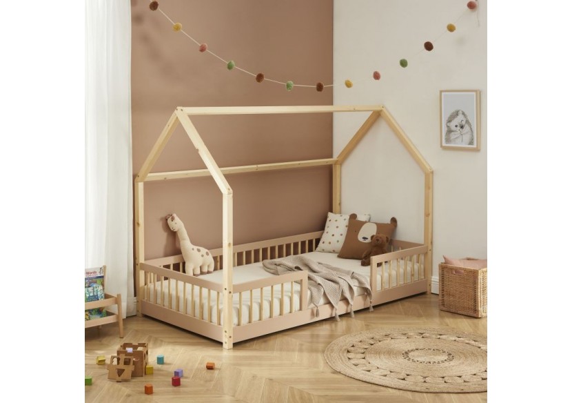 Lit cabane avec barrières TINY pin et rose 90x190cm sommier inclus