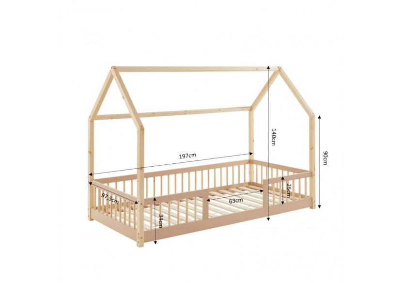 Lit cabane avec barrières TINY pin et rose 90x190cm sommier inclus