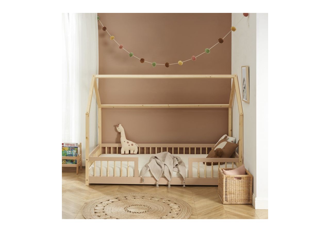 Lit cabane avec barrières TINY pin et rose 90x190cm sommier inclus