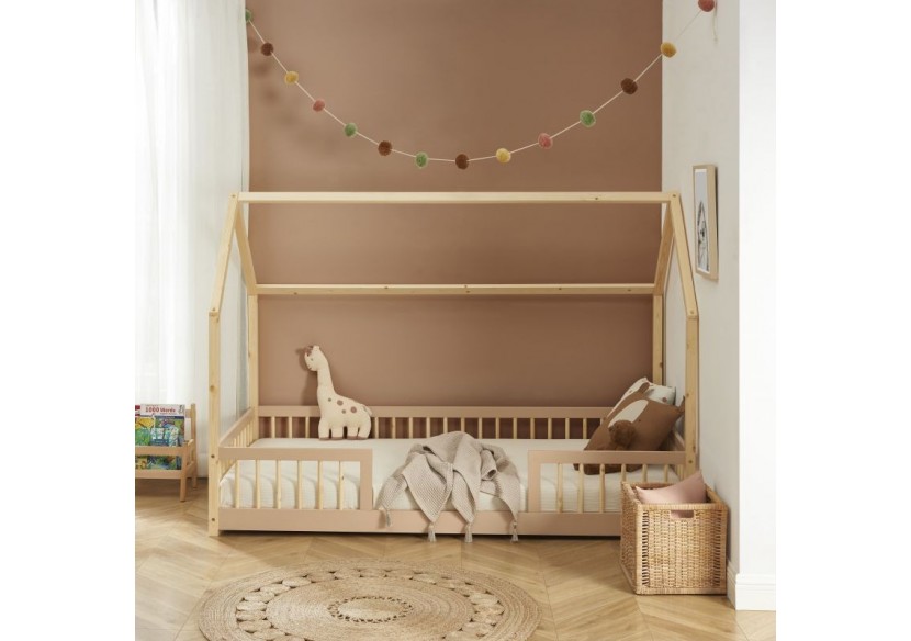 Lit cabane avec barrières TINY pin et rose 90x190cm sommier inclus