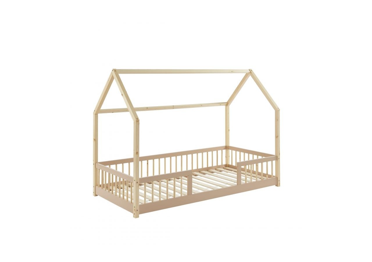 Lit cabane avec barrières TINY pin et rose 90x190cm sommier inclus