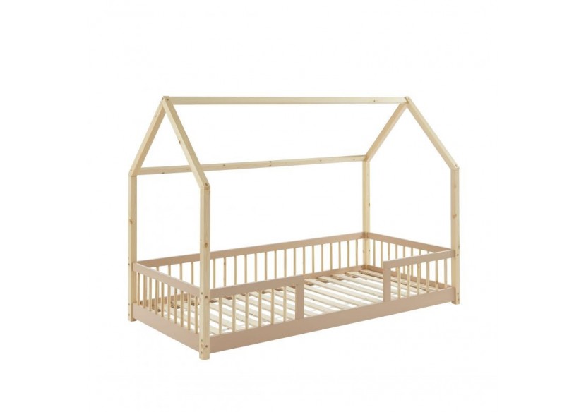 Lit cabane avec barrières TINY pin et rose 90x190cm sommier inclus