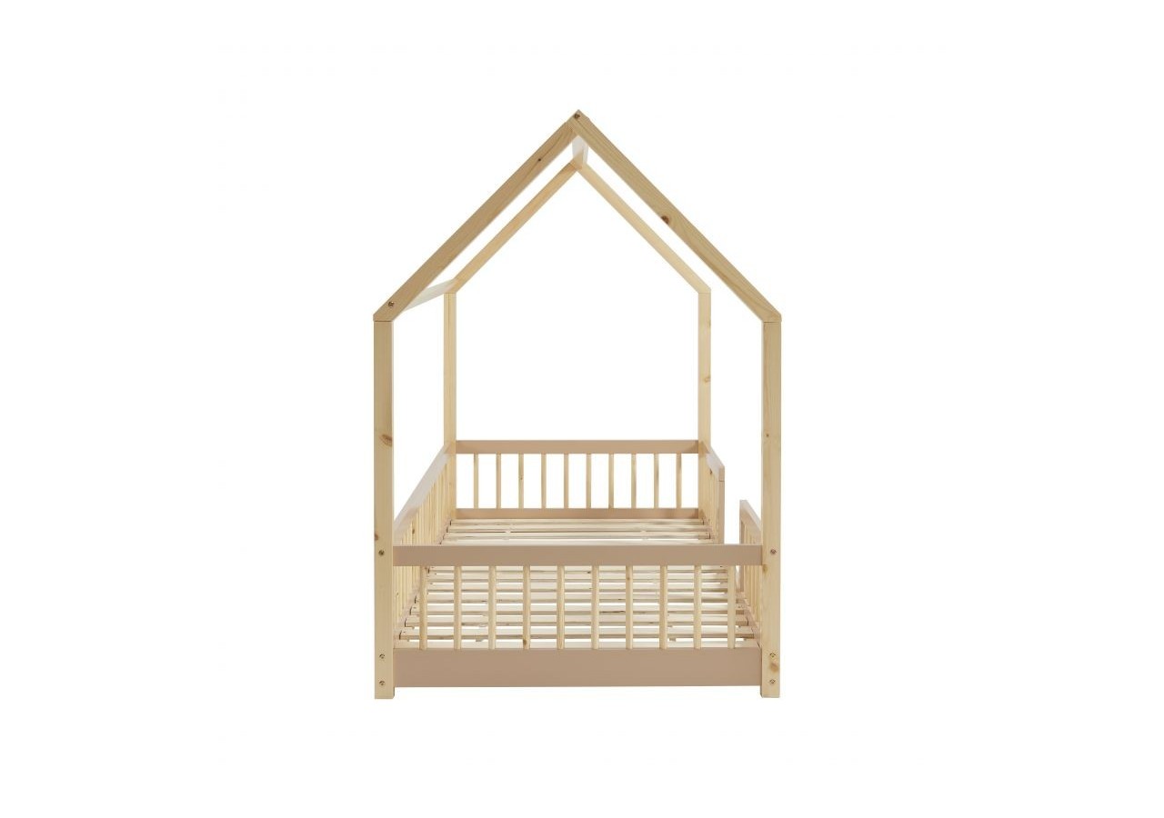 Lit cabane avec barrières TINY pin et rose 90x190cm sommier inclus