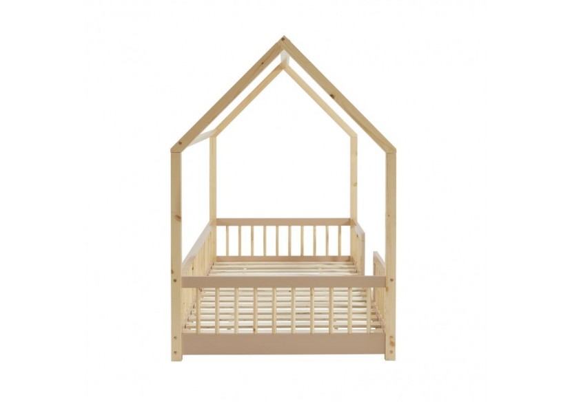 Lit cabane avec barrières TINY pin et rose 90x190cm sommier inclus